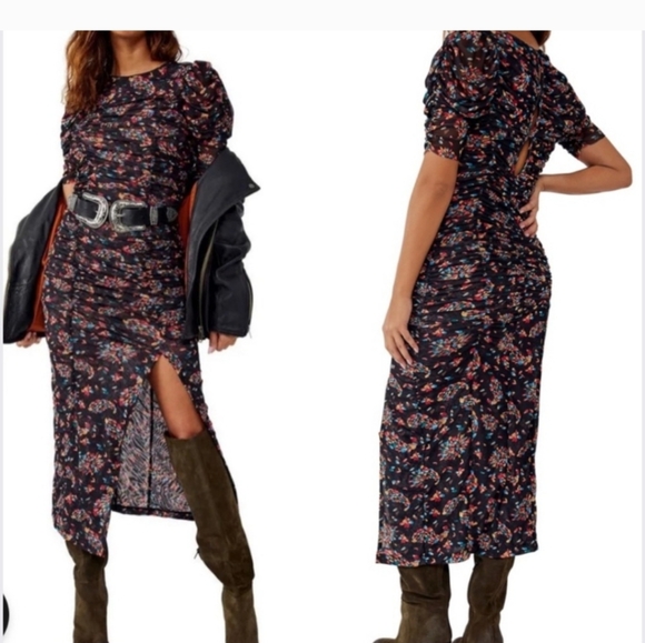 Free People Briella Twilight Combo Multi Color Ruched Slit Midi Dress - Picture 3 of 7